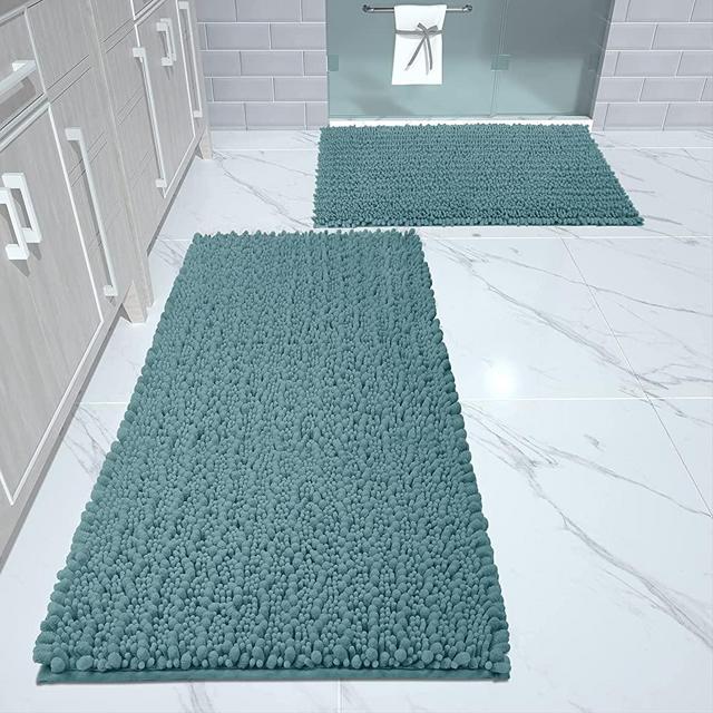 Yimobra Luxury Chenille Bathroom Floor Rug Mat Set, Extra Soft Shaggy Bath Rugs 2 Piece, Non Slip Machine Washable Quick Dry Large Plush Mats for Tub Shower, 17 x 24 + 44.1 x 24 Inches, Teal Blue