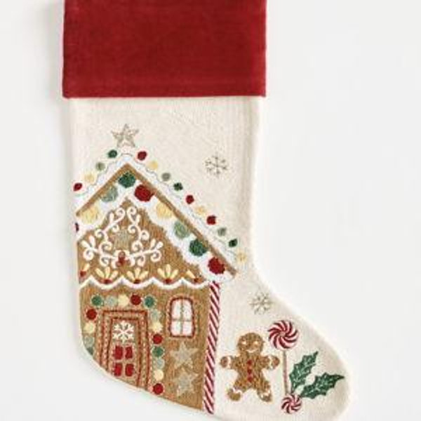 Gingerbread House Crewel Stocking
