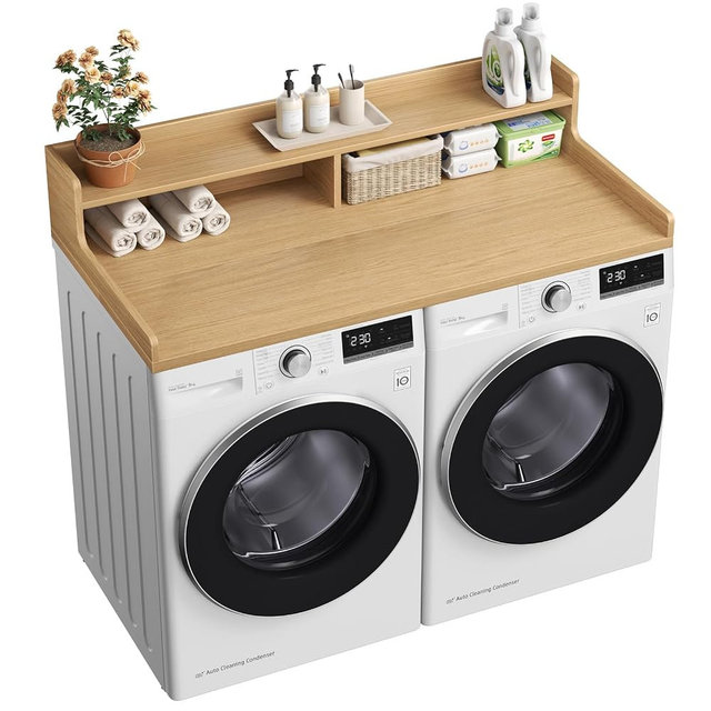 VOPEAK Washer and Dryer Countertop with Shelf, 2-Tier Washer Dryer Topper, 54" x 27.5" Spacious Laundry Countertop, Washing Machine Topper for Laundry Room Organization and Folding Clothes, Oak