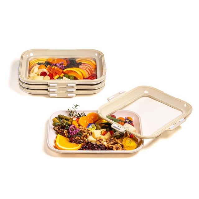 Crudités 4-Pack Portable Snack Tray | Food Containers with Reversible Stretch Lid | BPA-Free, Reusable, Freezer & Dishwasher Safe | Great for Meal-Prep, Charcuterie, Salads, Picnic, Travel & More
