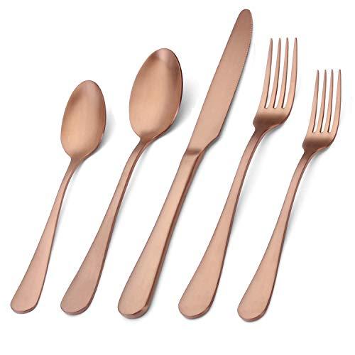 Matte Rose Gold Silverware Set, Satin Finish 20-Piece Stainless Steel Flatware Set with Round Edge,Kitchen Utensil Set Service for 4, Dishwasher Safe