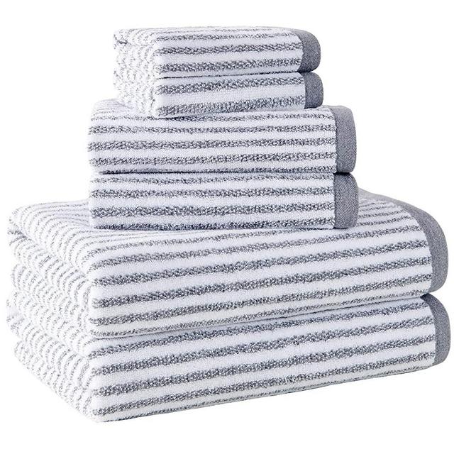 Alfred Sung Home Farmhouse Quick Dry Bath Towel Set, Cotton 6 Piece Set Includes 2 Bath Towels, 2 Hand Towels, 2 Washcloths, Absorbent, Ultra Soft, Decorative Stripe Bathroom Towels (Gray/White)