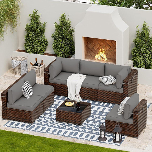 UDPATIO Patio Furniture Set, Modular Rattan Outdoor Patio Sectional Furniture Sofa, Wicker Patio Conversation Set for Backyard, Deck, Poolside w/Glass Coffee Table, 7pc Grey (Include Sofa Cover)