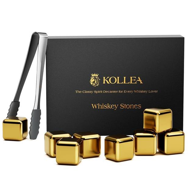 Whiskey Stones, Kollea 8 Pack Golden Stainless Steel Whiskey Chilling Rocks, Reusable Ice Cube for Drinking, Rum Cocktail Drink Accessories, Bartender Kit, House Warming Gifts New Home, Fathers Day