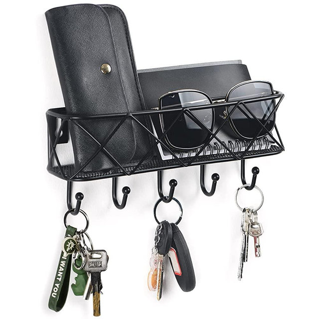 HappyHapi Key Holder for Wall Decorative, Entryway Key Hooks for Wall, Wall Mounted Key Rack with 5 Hooks, Metal Wire Mesh Basket Mail Holder with Key Hooks for Entryway, 9.8”Lx2.1”Wx4.1”H