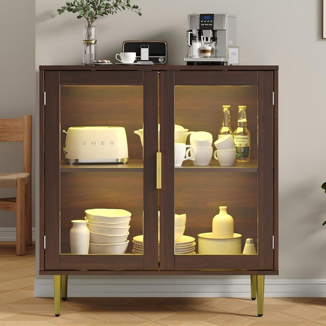 Housoul Buffet Cabinet with LED Lights, Sideboard Cabinet with 2 Doors Acrylic, 32" Modern Buffet Cabinet with Shelf, Coffee Bar Cabinet for Living Room, Kitchen, Walnut