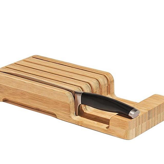Bamboo Knife Block and In-Drawer Storage, Display Stand and Organizer, Holds to Five 8 Inch Knives, Hand Finished Sustainable Bamboo - 13.78 L x 5.4 W x 2.1 H Inches, Knives Not Included Gen 2