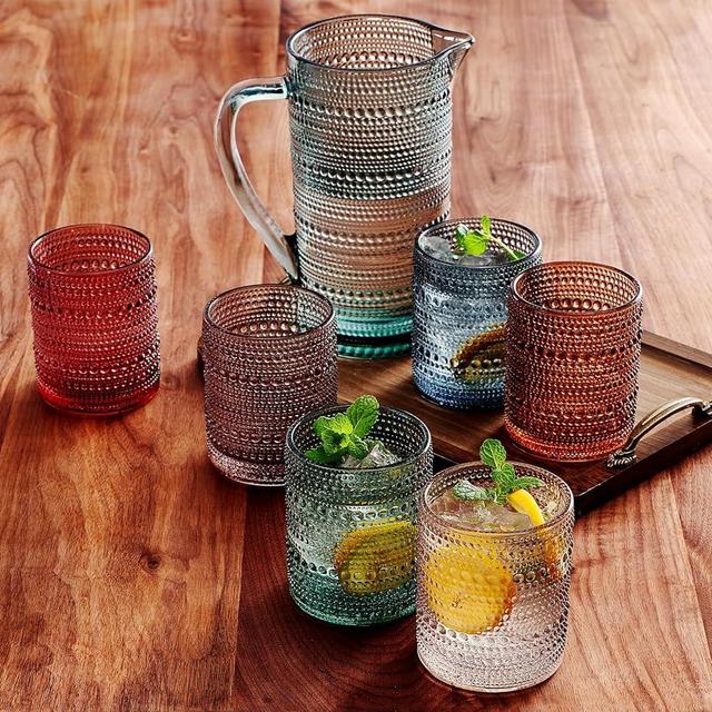 Hobnail Beaded Pitcher & Tumbler Glasses Set | Set of 6 Glasses & Carafe| Vintage 11 OZ Lowball & 2.4 Litter Glass Muted Bubble Design Glassware, Old-Fashioned, Embossed Design - Water, Wine, Cocktail