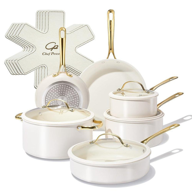 Chef Power Ceramic Cookware Sets, 15Pcs Pots and Pans Set Non Stick, Cookware Set with Stainless Steel Handle, Dishwasher & Oven Safe, Cream White and Light Gold Handle
