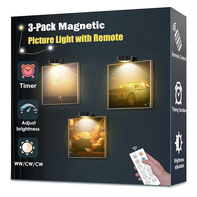 3-Pack Picture Light Battery Operated, Magnetic Led Lights with Remote, Dimmable and Timer Painting Light, Art Display Light for Picture Frame Artworking Portrait, Home Wall Decor Puck Lights, Black