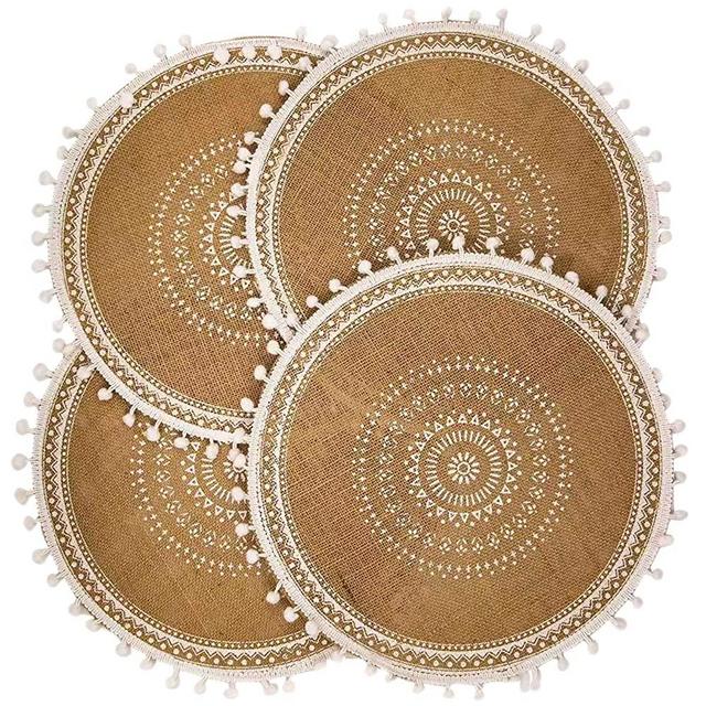 CAPASIN Round Placemats Set of 4, Dining Winter Modern Dinner Braided Beige Boho Round Table and Fall Circle Placemats Boho Runner Kitchen Table Plate Mats Set of 4 (White Ball)