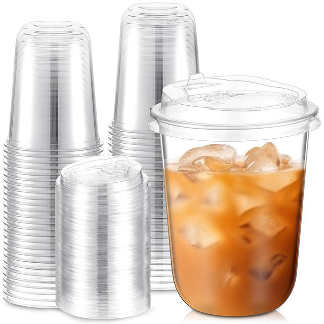 Baderke 50 Sets Crystal Clear Plastic Cups With Lids, Disposable Iced Coffee Cups with Lids for Smoothie, Cold Beverages, Drinking Cups, Cold Drinks for Party, Wedding, Event (Clear,16 oz)