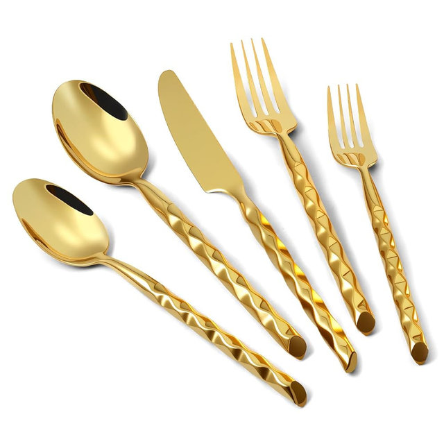 Kelenfer Gold Silverware Set Stainless Steel 18/10 Flatware Set Twisted Handle Cutlery Set, Mirror Finished 20 Pieces Service for 4, Dishwasher Safe