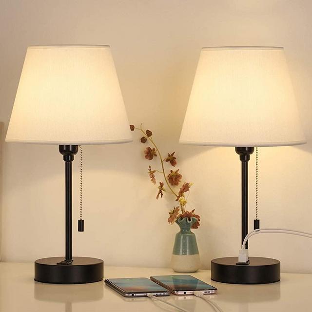 USB Table Lamp Set of 2, Bedside Nightstand Desk Lamp with Dual USB Charging Ports, Modern Small Metal Lamps with White Fabric Shade for Bedroom, Living Room, Office, Dorm Room, Study Desk
