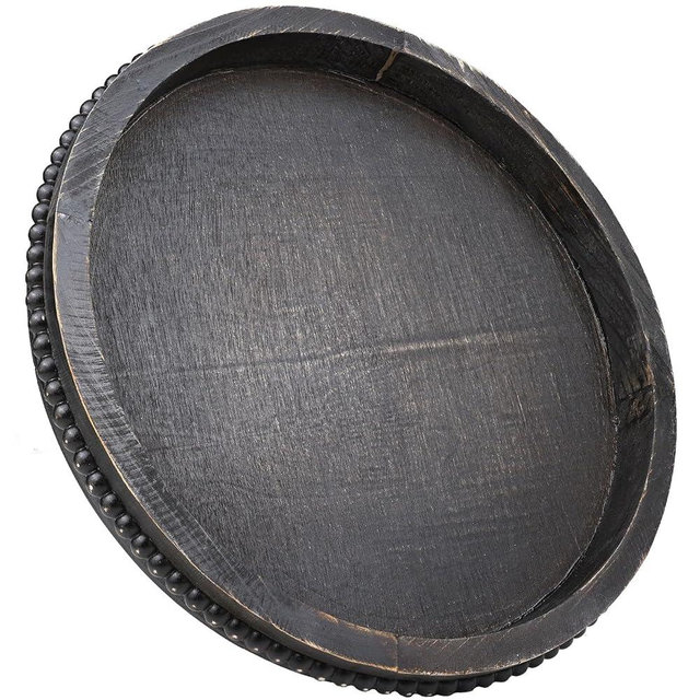 Hrastany Round Wooden Serving Tray with Beads, Circle Vintage Black Wood Coffe Table Tray for Dining Room Table Centerpiece, Kitchen Counter