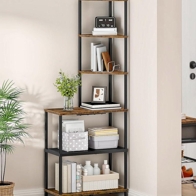 CHOEZON 6-Tier Corner Shelf, Industrial Corner Bookshelf with Desk Top, Diamond-Shaped Storage Shelves, Display Stand for Small Spaces, Living Room, Home Office, Foyer, Rustic Brown and Black TCJ70BF