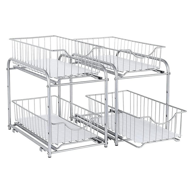 2 Pack - Stackable 2-Tier Under Sink Cabinet Organizer with Sliding Storage Drawer, Pull Out Cabinets Organizer Shelf Baskets, for Kitchen, Pantry, Under The Sink, Cabinet, Bathroom, Silver