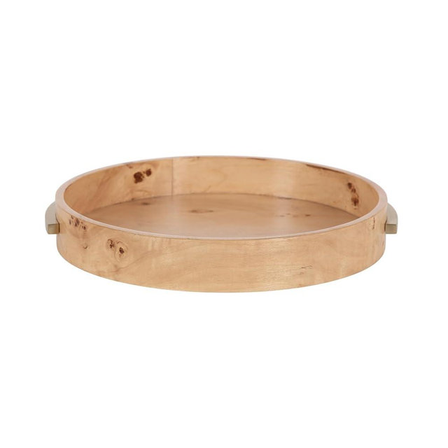 Kate and Laurel Burlock Modern Decorative Burlwood Round Tray with Handles, 15 x 15, Natural Wood and Gold, Transitional Circle Tray for Use as Entryway Tray Decor or Ottoman Serving Tray