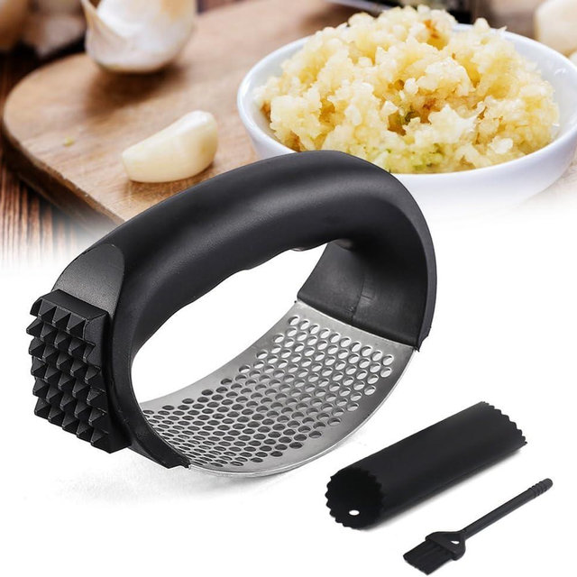 2025 New Upgraded Garlic Press Rocker, Stainless Steel Garlic Press, Garlic Crusher with Peeler and Cleaning Brush, Garlic Chopper for Crush Garlic Kitchen Gadgets, Kitchen Tools (Black)