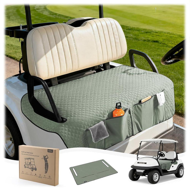 Coivy Golf Cart Seat Covers,Golf Cart Seat Towel Blanket with 4 Front Pockets & Nonskid Bottom Fits for Club Car and More 2 Person Seats Golf Carts (Silver Green, Club Car)