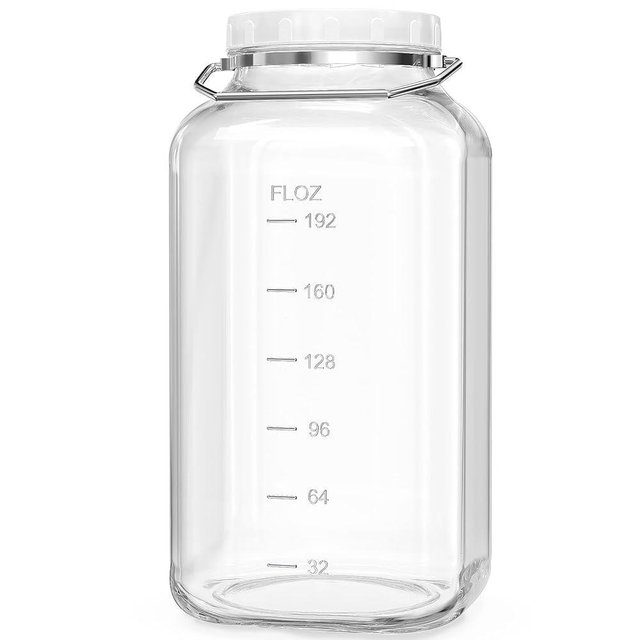 2 Gallon Large Glass Jar with Lid, Wide Mouth Storage Jars with Stainless Handle, Extra Big Glass Container with 2 Scale Mark for Storing Food, Kitchen Organization, 7400 ML/250 OZ