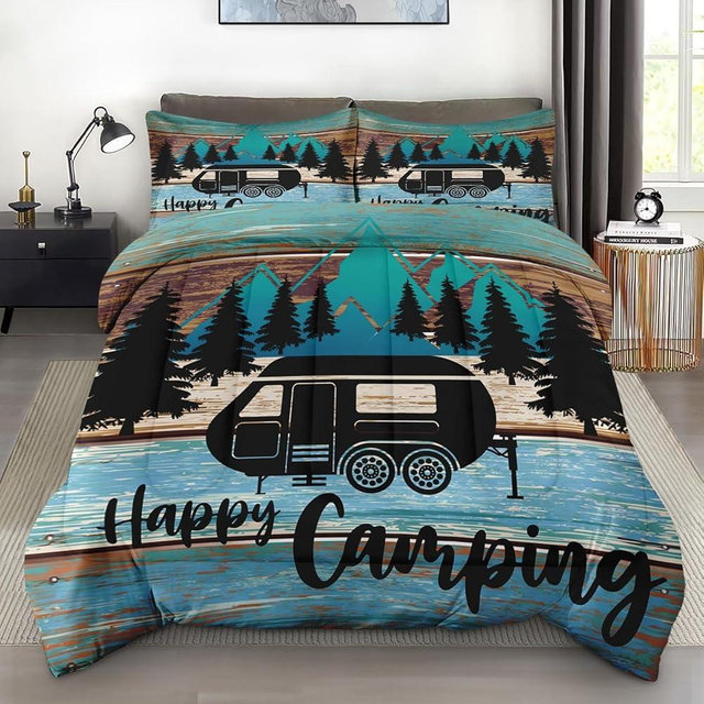 Pamnest Comforter Set Queen Size, Camper Rv Car Soft 3 Pcs Bedding for Kids and Adults, Camping Vehicle Camp Comforter Set with Pillowcase, for Bedroom Bed Decor