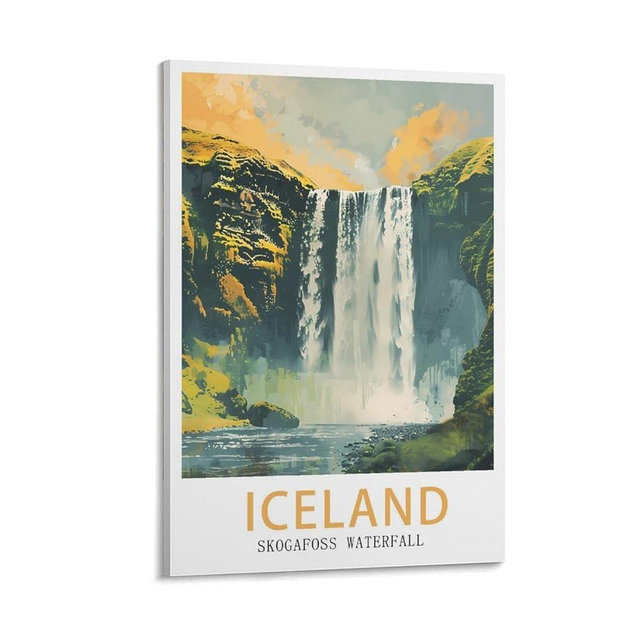 BEXYQVRI Skogafoss Waterfall Iceland Vintage Travel Posters 16x24inch(40x60cm) Canvas Wall Art Print Picture Paintings for Living Room Bedroom Decor