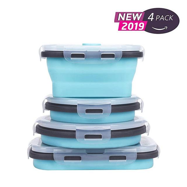 Collapsible Silicone Food Storage Containers with Airtight Lids, Set of 4 Stacking Container for Kids,Microwave and Freezer and Dishwasher Safe, with Vent Valve, BPA Free (2 Small and 2 Medium)