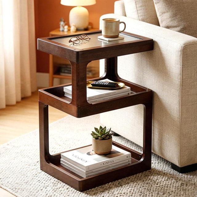 CheerNest Solid Wood Side Table for Living Room, Narrow 3-Tier End Table with Fluted Acrylic Top, Retro Geometric Accent Table with Open Storage for Couch & Small Spaces, Brown (100% Pine)