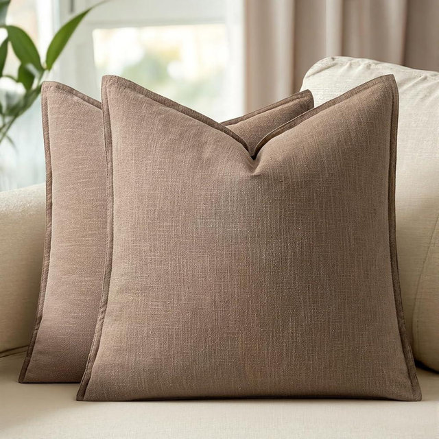 Woaboy 20x20 Inch Set of 2 Decorative Linen Solid Throw Pillow Covers Boho Accent Farmhouse Couch Pillowcases Modern Netural Home Decor for Couch Sofa Living Room Bed,Light Brown
