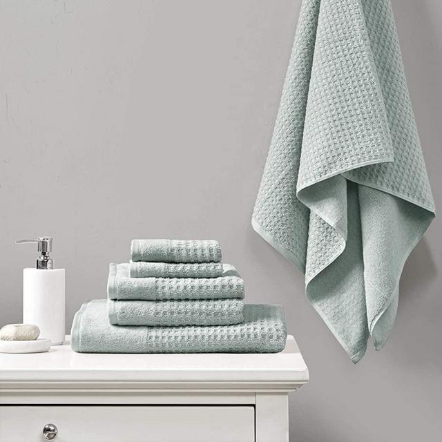 Madison Park 6 Piece 100% Cotton Set for Bathroom, 2 Bath Hand Towels, 2 Washcloths, Spa Luxurious Jacquard Waffle Comb Textured Design, 6 pcs, Aqua