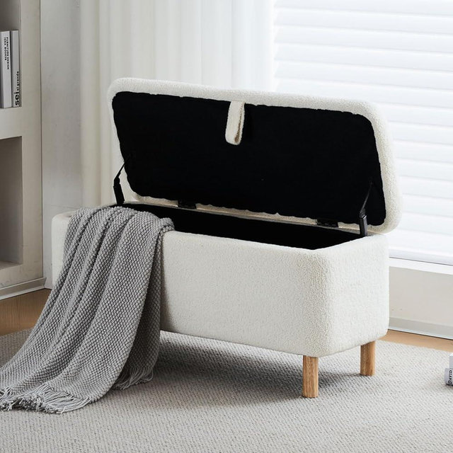 TODRANI Storage Bench Bedroom Bench Sherpa Ottoman Storage Entryway for Living Room Rectangular Boucle Foot Rest Stool Padded Seat (39.5", Off-White)