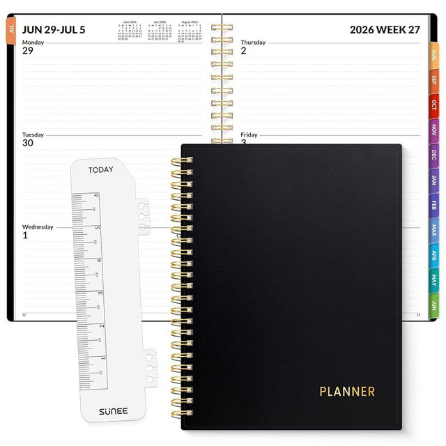 SUNEE Academic Planner 2026-2027 – Weekly & Monthly Planner, July 2026 to June 2027, 6.4"x8.3", Thick Paper, Tabs, Pockets, Bookmark, Spiral-Bound, Student Teacher Organizer, Black