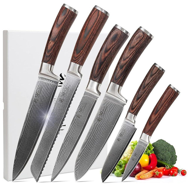 Wakoli Damascus Kitchen Knife Set, 6 Pieces Professional Chef Knife Set made from 67 Layers of Damascus Steel with VG10 Core, Knives Set for Kitchen with Pakkawood Handles in Gift Box (EDIB 6-pcs)