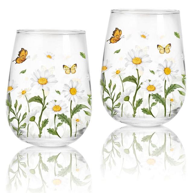 Whaline 2Pcs Spring Summer Stemless Wine Glasses 17oz Daisy Butterfly Drinking Glasses Tumbler Cups for Spring Summer Birthday Party Supplies
