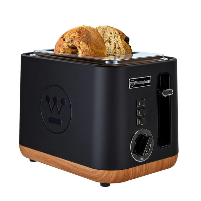 Westinghouse Scandinavian Design 2-Slice Toaster w/Wide Slots, Removable Crumb Tray, 6 Browning Levels, & Bagel/Reheat/Defrost Options - For Bread, Bagels, & Waffles - Black w/Wood Finish, 2-Slice