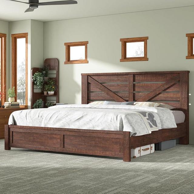 AMERLIFE King Size Farmhouse Bed Frame with 49.2" Barn Door Headboard, Platform Bed Frame with Wood Slats, Under Bed Storage Space, Noisy Free, Easy Assembly, Reclaimed Barnwood