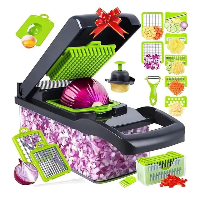 Vegetable Chopper, One Box With 14 Set Black Green, Gifts for Mom, kitchen, Kitchen Gadgets, Home and Kitchen, Kitchen Appliances, Mandoline Slicer, Cheese Grater, cheese shredder