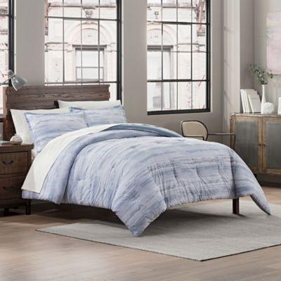 Garment Washed Striped Print Reversible King Comforter Set in Chambray