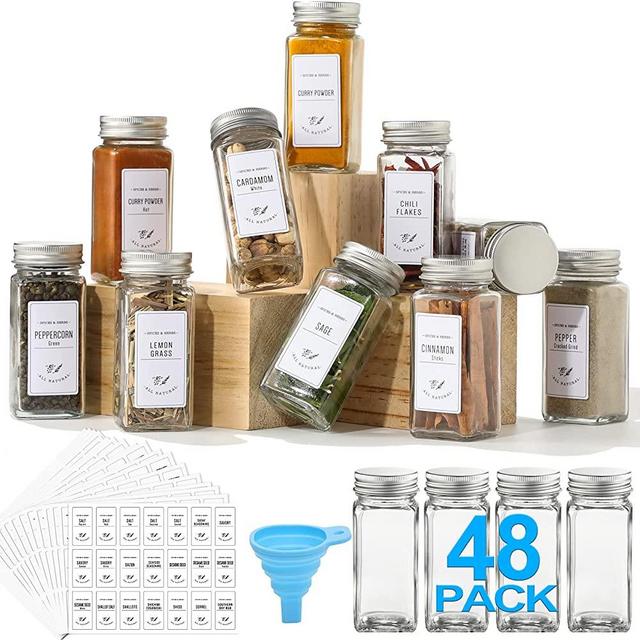 48 Pcs Glass Spice Jars with White Printed Spice Labels - 4oz Empty Square Spice Bottles - Shaker Lids and Airtight Metal Caps - Silicone Collapsible Funnel