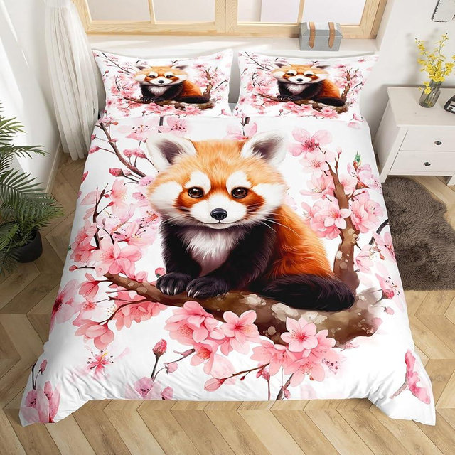 Manfei Red Panda Kawaii Comforter Cover(No Filler),Pink Cherry Blossom Spring Blooming Floral Duvet Cover for Girls Teens Bedroom Gifts,Cute Wild Animal Nature Bedding with 2 Pillowcases, Full Size