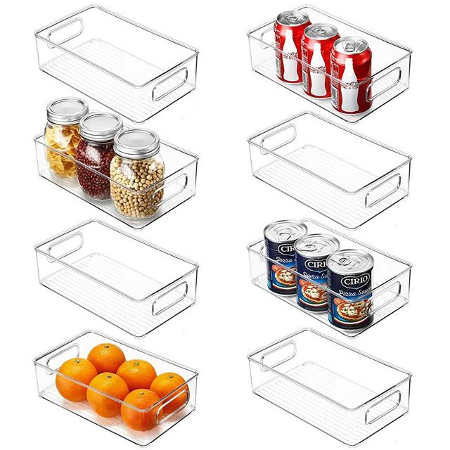 Set of 8 Refrigerator Organizer Bins, 10×6×3 Inch，Stackable Clear Plastic Food Storage organizers with Handles For Fridge, Pantry, Kitchen Cabinet, Drawers and Countertops, BPA Free Freezer containers