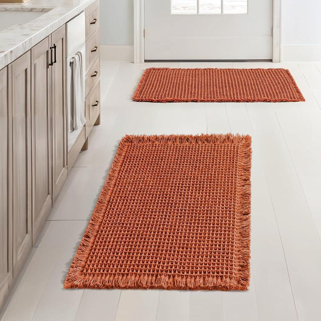 MIULEE Orange Set of 2 Waffle Bathroom Rugs, Boho Bath Rugs Non Slip Washable, Super Absorbent Bath Mats, Ultra Soft Rubber Backed Shower Mats for Bathroom Floor, Tub and Shower, Fall Decor 17x24 Inch