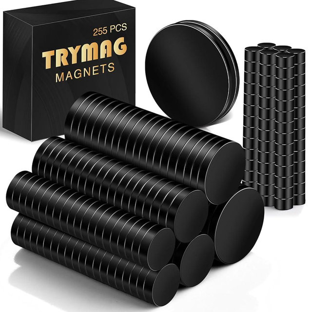 TRYMAG Small Rare Earth 6 Different Sizes Black 255Pcs Tiny Magnets for Crafts, Heavy Duty Neodymium Round Mini Refrigerator Magnets for Whiteboard, Locker, Kitchen, Office, School