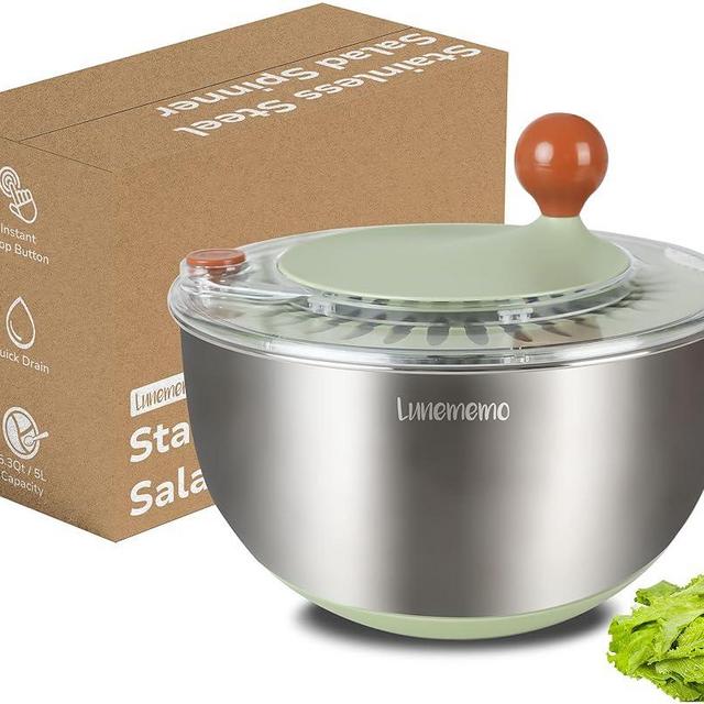 Lunememo Stainless Steel Salad Spinner, Lettuce Spinner with Drain, Non-Slip Base, Stop Button, Vegetable Dryer, BPA Free, 5.3 Qt