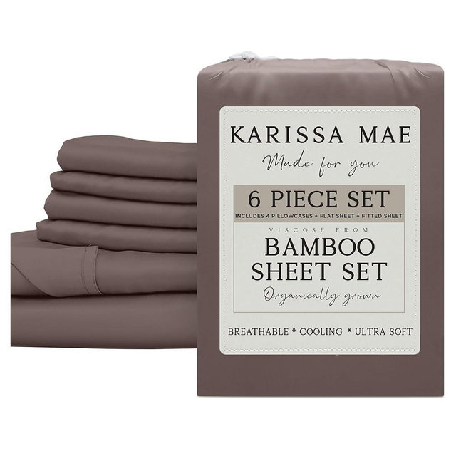 KARISSA MAE 6 Piece Pure Viscose from Bamboo King Size Sheet Set | 100% FSC Certified | Luxuriously Soft | Cooling | 18" Deep Pocket w/Corner Straps | 4 Pillowcases [Mocha]