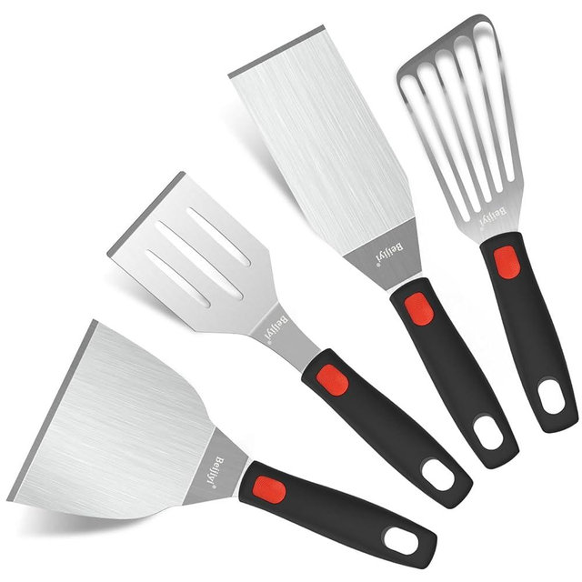 Beijiyi Stainless Steel Spatula Set, 4 Pack Small Metal Turner Spatulas for Kitchen Use, Cooking Utensils with Silicone Handle, Spatula Flipper for Fish, Egg, Smash Burger and Cookie Serving Spatula