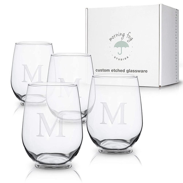 Monogrammed Stemless Wine Glasses Set of 4, Barware Glassware with Sandblasted Monograms, 17 oz Capacity Each… (M)