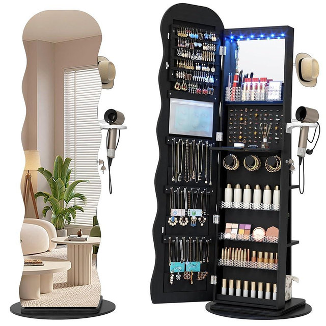 Vlsrka 360° Swivel Jewelry Aromire with Wavy Mirror, Lockable Jewelry Organizer Mirror Full Length, Rotatable Standing Mirror with Storage, Jewelry Cabinet, Interior Mirror, Flodable Shef, Black
