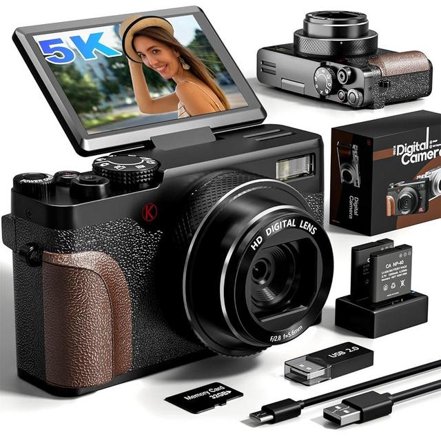 64MP Digital Camera, Cameras for Photography, 5K Vlogging Camera for YouTube, 180°Flip Screen Digital Point and Shoot Camera with 18X Zoom, Compact Camera for Beginner with 32GB SD Card